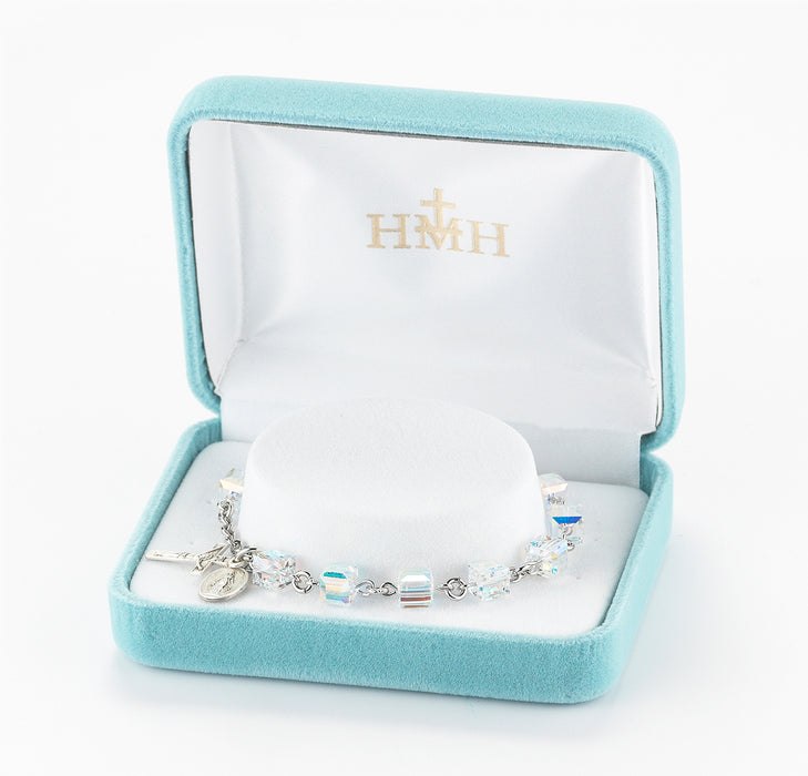 Finest Austrian Crystal Clear Cube Shaped Sterling Silver Rosary Bracelet 6mm