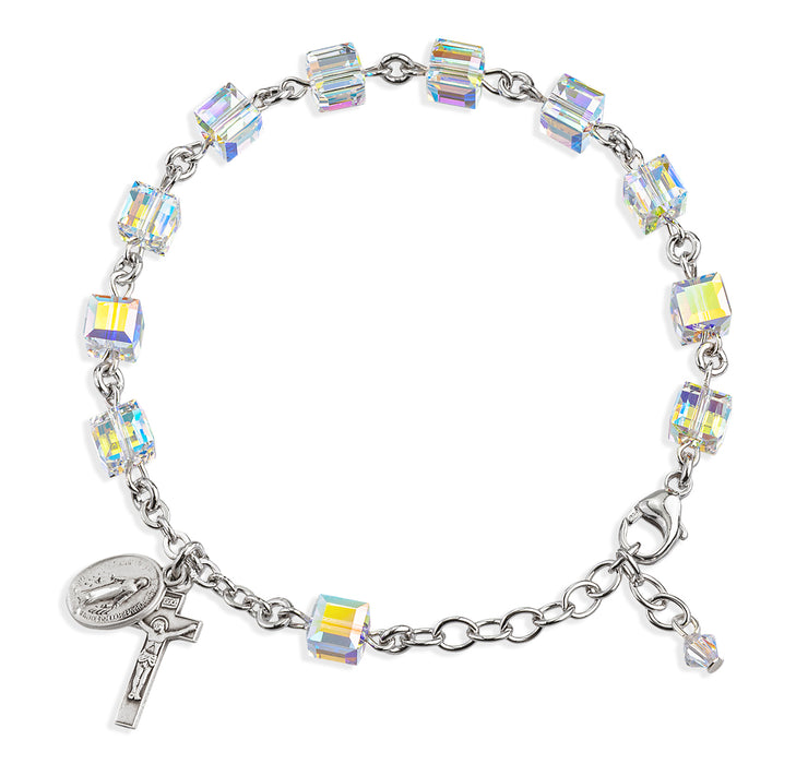 Finest Austrian Crystal Clear Cube Shaped Sterling Silver Rosary Bracelet 6mm