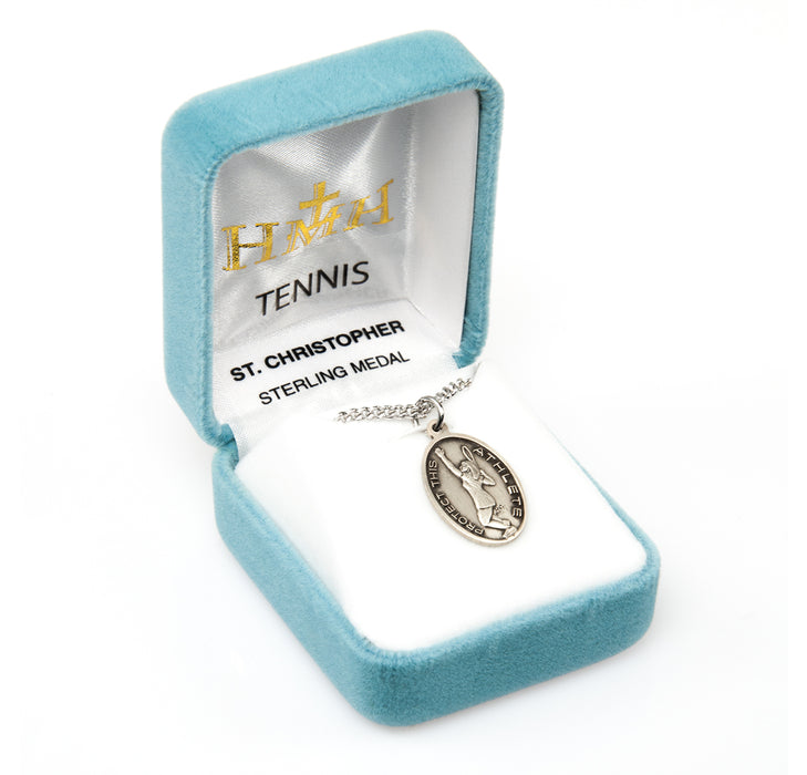 Saint Christopher Oval Sterling Silver Female Tennis Athlete Medal Keep God in Life