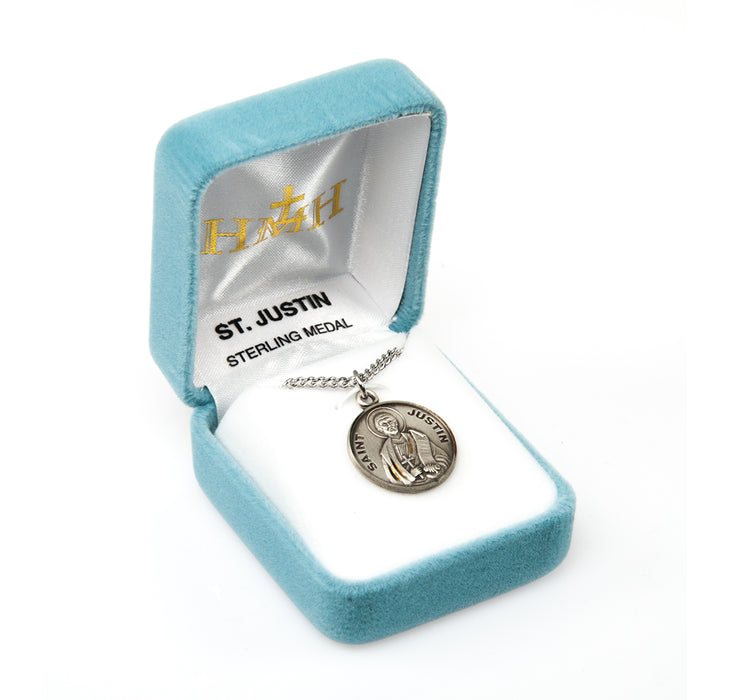 Patron Saint Justin Round Sterling Silver Medal Keep God in Life