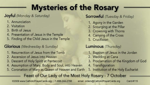 Mysteries of the Rosary LAMINATED Prayer Card, 5 Pack Keeping God in Sports