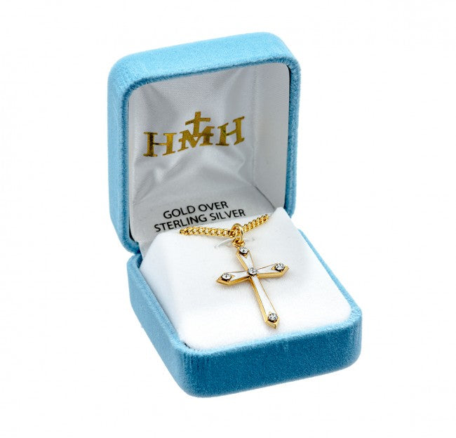 Gold Over Sterling Silver Pearl Enameled Cross with Five Crystals