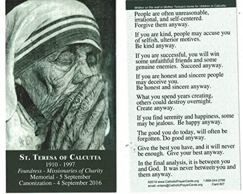 St. Teresa of Calcutta LAMINATED Prayer Card, 5 Pack Keeping God in Sports