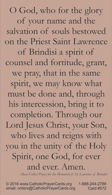 St. Lawrence of Brindisi LAMINATED Prayer Card, 5-Pack Keep God in Life