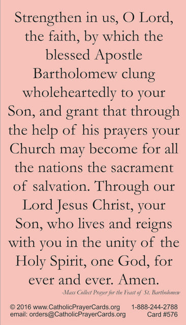 St. Bartholomew LAMINATED Prayer Card, 5-Pack Keep God in Life