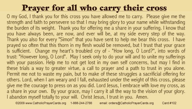 Prayer for Carrying One's Cross LAMINATED Prayer Card, 5-Pack Keep God in Life