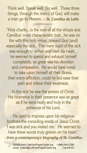 St. Camillus LAMINATED Prayer Card, 5-Pack Keep God in Life