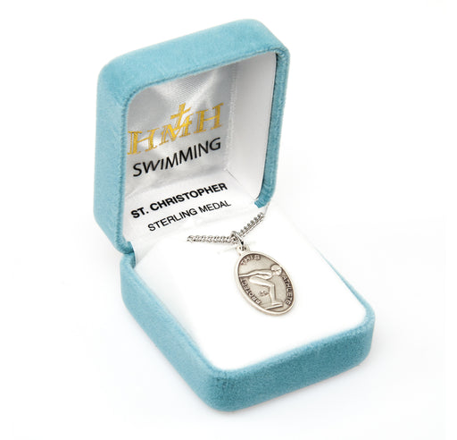 Saint Christopher Oval Sterling Silver Female Swimming Athlete Medal Keep God in Life