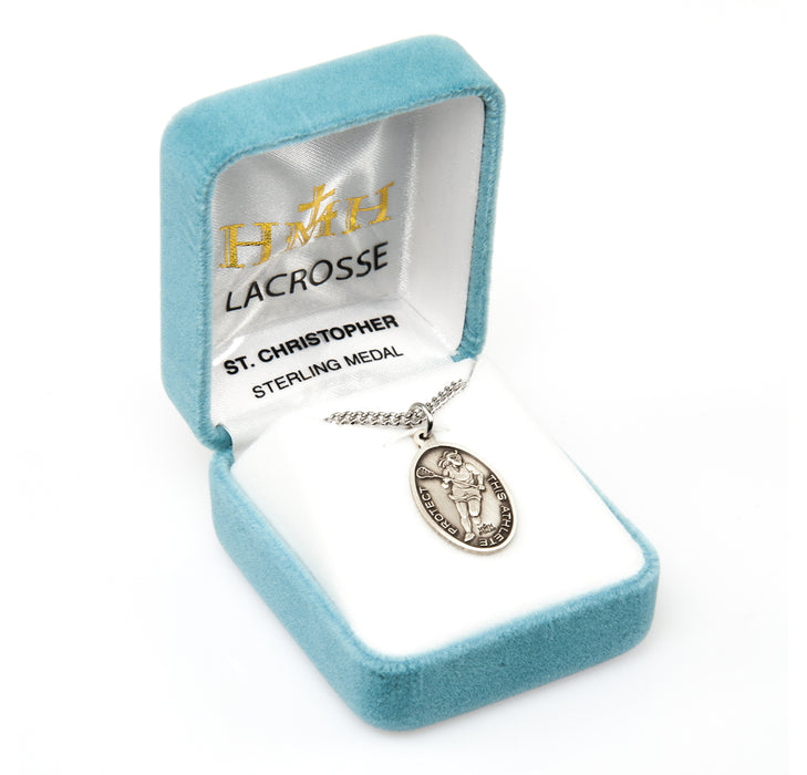 Saint Christopher Oval Sterling Silver Female Lacrosse Athlete Medal Keep God in Life