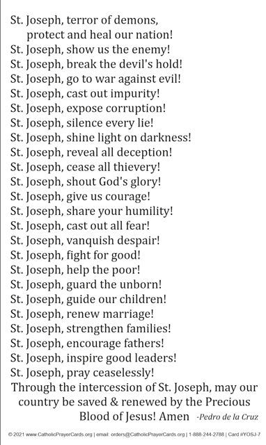 St. Joseph Exorcism of Nations LAMINATED Prayer Card 3-Pack Keep God in Life