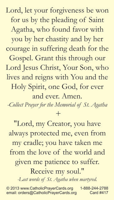 St. Agatha LAMINATED Prayer Card, 5-Pack Keep God in Life