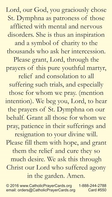 St. Dymphna LAMINATED Prayer Card, 5-Pack Keep God in Life